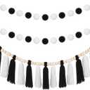 3 Pcs Black and White Tassel Garland Decor Pom Pom Tassel Garland Hanging String Decorations for Home School Classroom Decorations Birthday Party Supplies