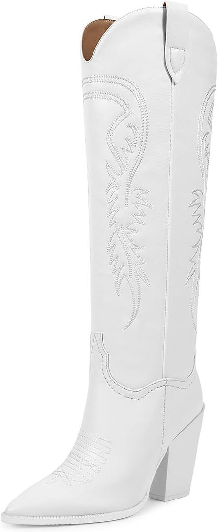 ISNOM Women's Cowgirl Boots Pull On Knee High Boots, Cowboy Western Embroidered Chunky Block Heel Pointed Toes Boots (White), US 8