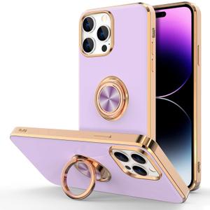 Hython for iPhone 14 Pro Case with Ring Stand [360 Rotatable Ring Holder Magnetic Kickstand] [Support Car Mount] Plated Rose Gold Edge Slim Soft TPU Luxury Protective Phone Case Cover, Purple