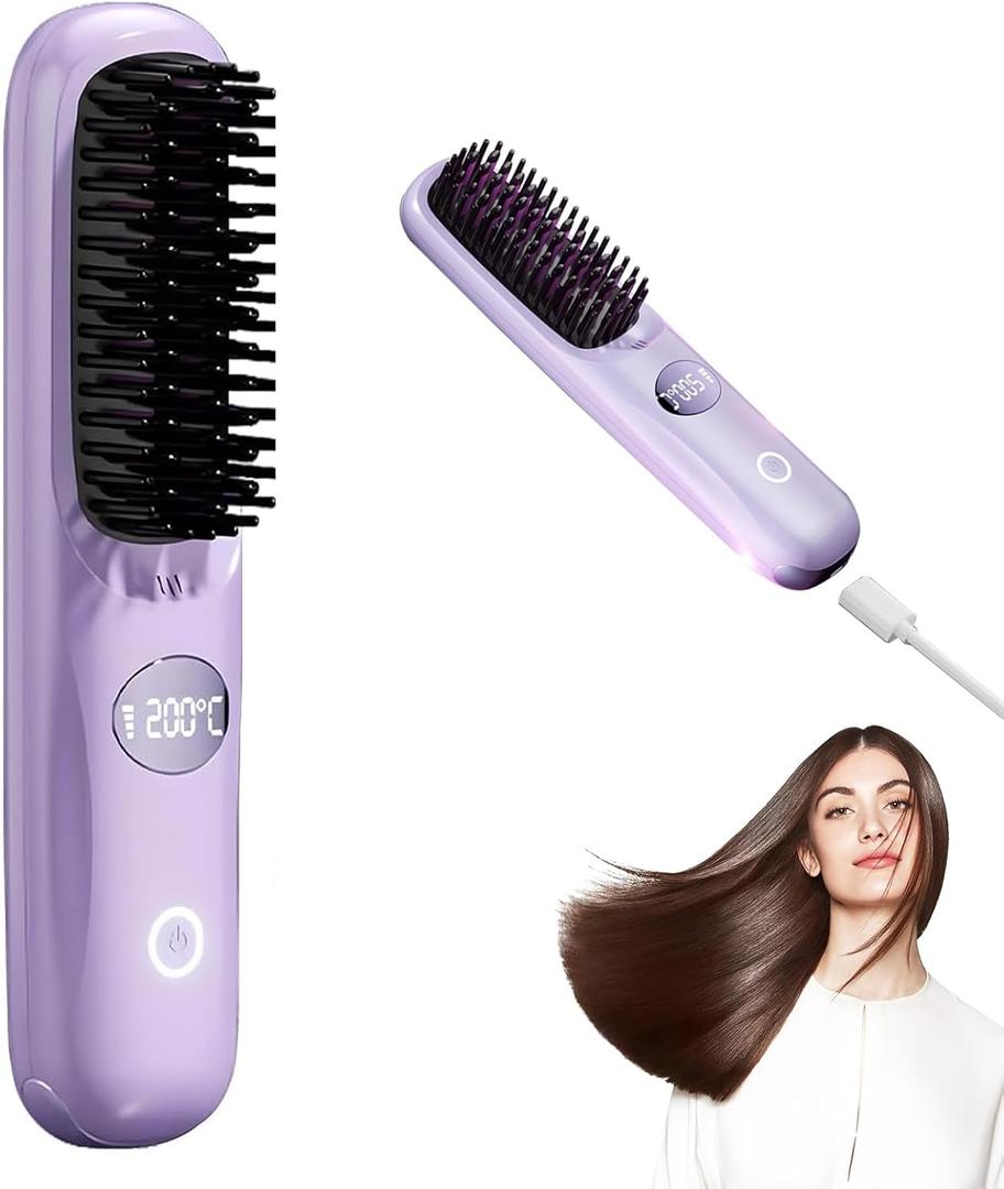 Cordless Hair Straightener Brush, Portable Straightener Brush for Travel with LED Temperature, Display Fast Heating Rechargeable Mini Hot Ionic Straightener Comb for Women (Purple)