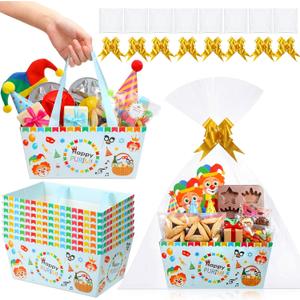 Moinchore 12 Set Happy Purim Basket for Gifts Empty 9.8x6.5'' Clown Market Tray Cardboard with Bows, Cellophane Bags, Twist Tiles, Empty to Fill for Purim Birthday Bridal Wedding Party Supply (Golden)