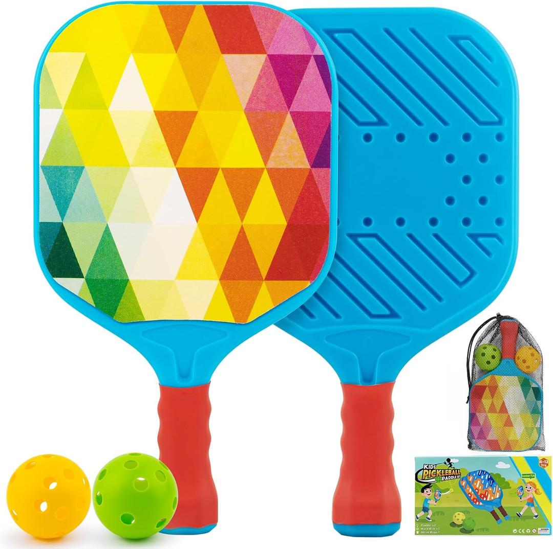 Outdoor Toys for Kids Pickleball Paddles - Outside Beach Yard Games Toy for Kid Ages 4-5-6-7-8-12 Year Old Boys & Girls Gifts, Balls Set of 2, Lightweight & Durable Grip for Small Hands, Beginner (Multicoloured)