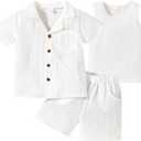 Kid Toddler Boy Clothes Short Sleeve Button-Down Shirt+Shorts+White Vest Summer Clothing Set 2-12 Years (White, M)