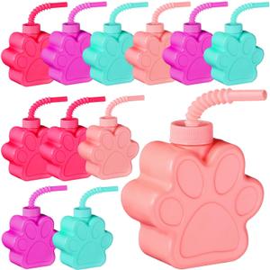 Sratte 12 Pieces 10 oz Dog Paw Cups for Kids with Straw and Lid Dog Theme Birthday Party Favors Plastic Puppy Paw Print Drinking Cups for Pet Theme Party Supplies Decorations