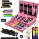 Sunnyglade 145 Piece Deluxe Art Set, Wooden Art Box & Drawing Kit with Crayons, Oil Pastels, Colored Pencils, Watercolor Cakes, Sketch Pencils, Paint Brush, Sharpener, Eraser, Color Chart (Pink)