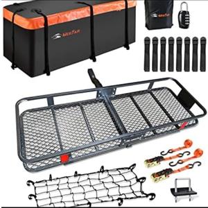 Hitch Mount Cargo Carrier Basket 60"*20"*6"+Waterproof Bag 16 Cubic Feet(58"*19"*24"),and Cargo Net with Attachment Hooks,Ratchet Straps,Hitch Stabilizer.500 Lbs Capacity,Foldable,fit 2" Receiver
