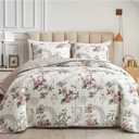 Flysheep 3 Pieces Quilt Set Full/Queen Size, Beige Floral Reversible Bedspread Coverlet Set, Soft Microfiber Lightweight Bed Cover for All Season (90" x 90", 1 Quilt+ 2 Pillow Shams)