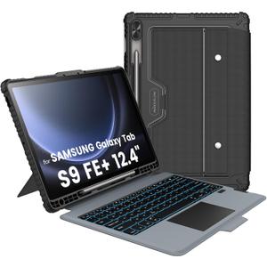 Nillkin for Samsung Galaxy Tab S9 FE Plus Case with Detachable Keyboard, Multi-Touch Trackpad, 7-Color Backlit, S Pen Holder, Rugged Keyboard Case with Camera Cover for Samsung Tablet S9 FE+ 12.4"