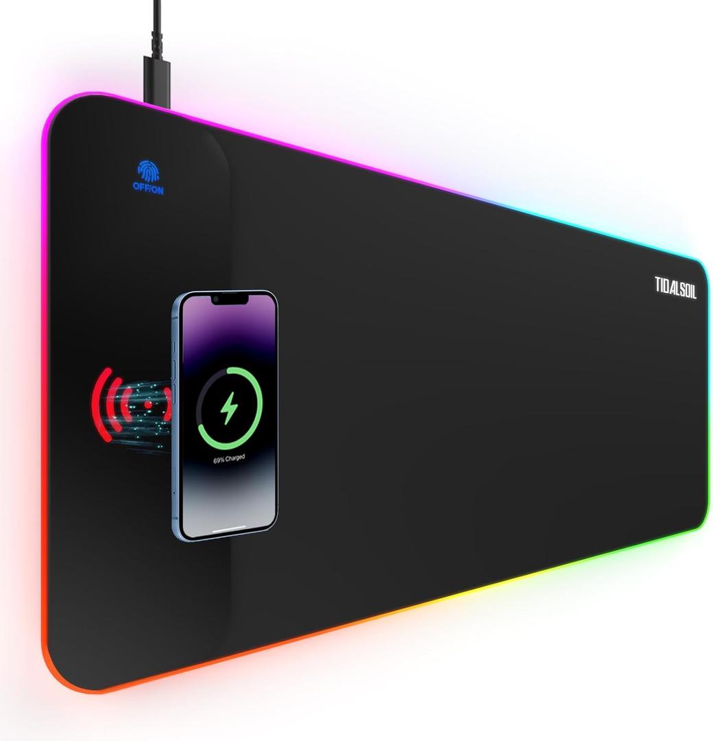 RGB Gaming Mouse Pad with 15W Wireless Charger, 17 Lighting Modes LED Mouse Mat, Extra Large 27.6"x11.8" Extended Mouse Pad with Non-Slip Base, Type-C Plug & Play, for Keyboard, Mouse, and Phone