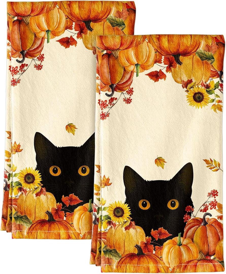 Flour Sack Kitchen Towels Set of 2-18x26 Inch Cotton Dish Towels with Hanging Loop Absorbent Reusable Cloths for Cleaning Cute Autumn Fall Home Decor Housewarming, Autumn Two Cats