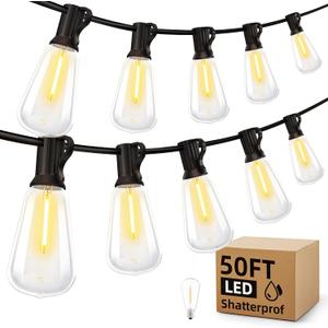 Outdoor String Led Patio Lights - 50Ft 15M Outside Waterproof Light ST38 Shatterproof Bulb Connectable Hanging Outdoor Electric Lighting for Backyard Yard Gazebo Porch Party, Black 
