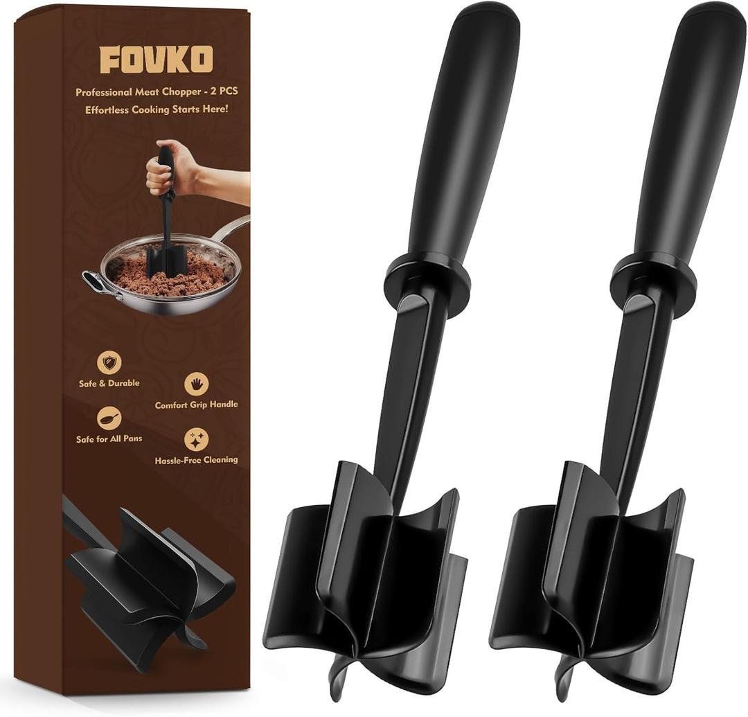 Ground Beef Chopper Tool, 2-Pack Heat-Resistant Meat Chopper for Ground Beef with 5 Curved Blades, Non-Scratch Meat Masher Ground Beef for Hamburger & Potatoes (Black)