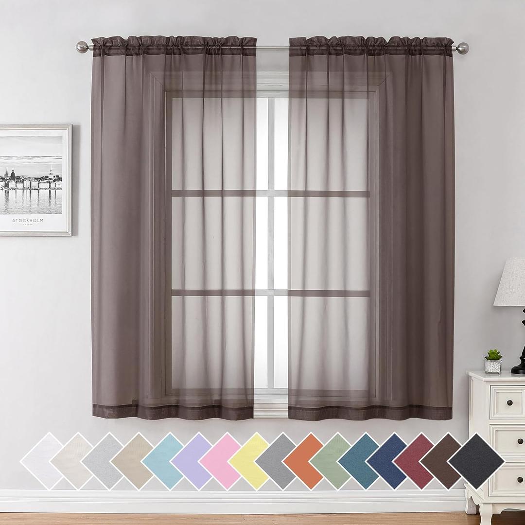 Aiyufeng Chocolate Sheer Curtains 63 Inches Long 2 Panels, Solid Voile Top Dual Rod Pockets Stylish Breathable Drapes Window Treatment for Kid's Room/Bedroom/Living Room, 40W x 63L, Chocolate Brown