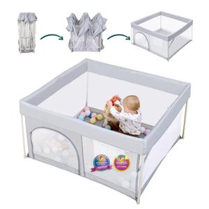 BABELIO Foldable Baby Playpen 46"  46", Portable Playard for Babies and Toddlers, Parents' Picks Awards Winner, No Assembly Required, Indoor & Outdoor Kids Safety Play Pen Area, Travel Fence, Grey