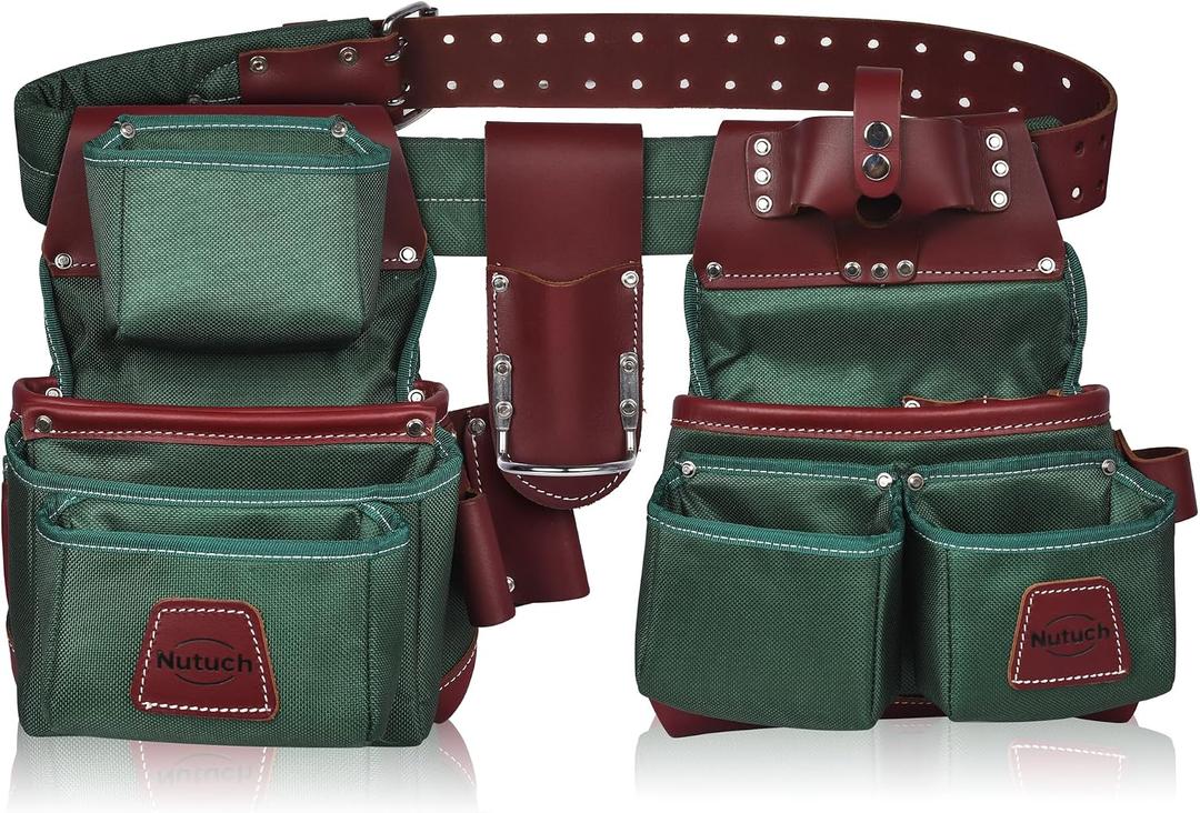 Nylon and Leather Tool Belt | Nylon Tool Pouch | Carpenter Tool Belt | Construction | Framers | Electrician Tool Belts | Drywall Tool Bags | Handyman | Electric (GREEN), 30 to 47 inches