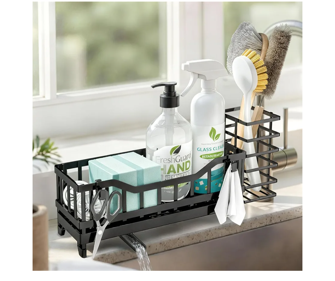 Sponge Holder for Kitchen Sink, Kitchen Sink Caddy with Long-Handled Dish Brushes Holder, 304 Rustproof Stainless Steel Countertop Organizers and Storage, Home Kitchen Sink Accessories (Black)