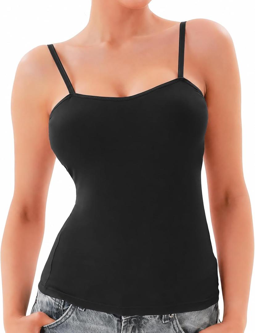 Double Lined Spaghetti Strap Tank Tops for Women with Built in Bra | Slim Camisole with Fixed Molded Cups for Summer Layering, Casual Wear and Going Out, Soft, Stretchy and Opaque (Black, XL)
