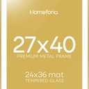 Homeforia 27x40 Picture Frame Gold, High End Metal 27 x 40 Large Poster Frames with Mat 24 by 36 inch Photo, 27x40 Gold Frame Matted to 24x36 for Print, 40x27 Frame, Tempered Glass, Wall Kit, Set of 1