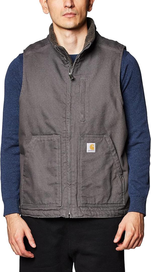 Carhartt Men's Loose Fit Washed Duck Sherpa-Lined Mock-Neck Vest (Large, Gravel)