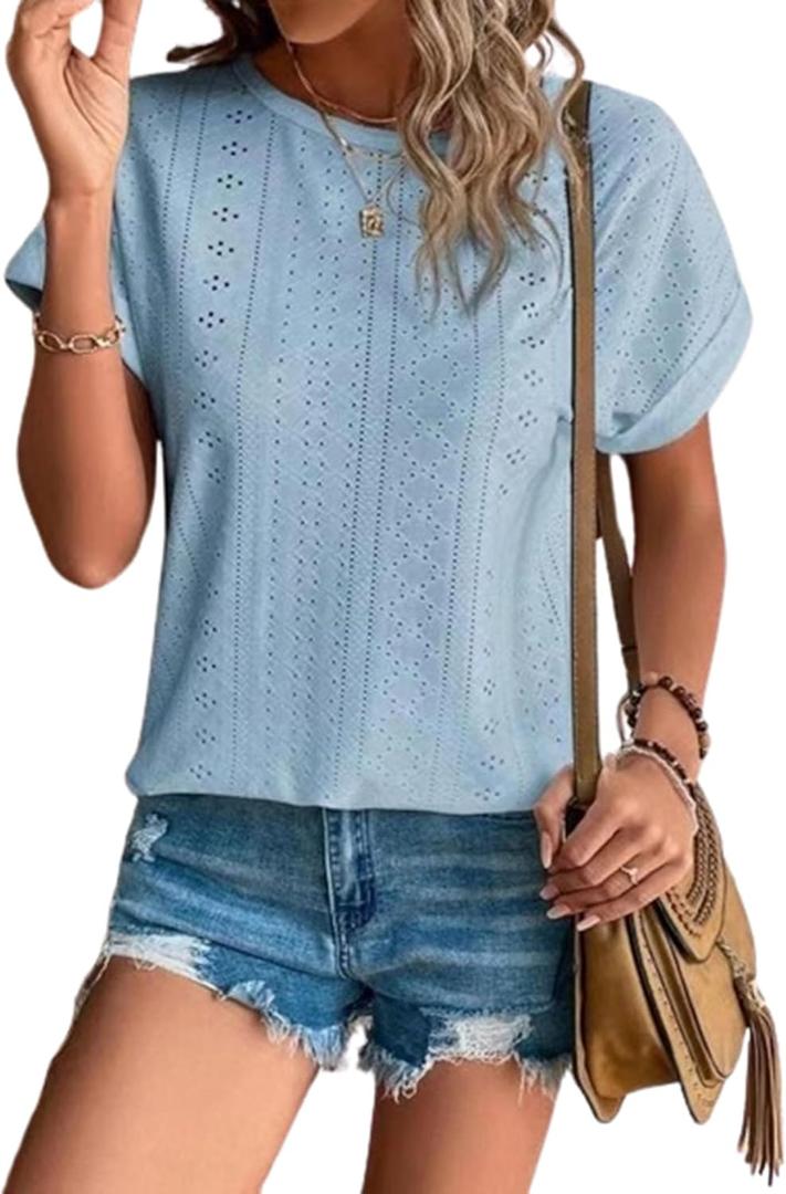 YeonYoonA Women's Eyelet Embroidery Short Sleeve T-Shirt Summer Fashion Clothes Loose Fit Casual Holiday Blouse T Shirt (S, Blue)