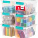 IRIS USA 4 Qt. Craft Storage Bins with Lids, 6-Pack, |Made in USA|, Clip Box, Small Plastic Sensory Bin Tote Organizer Containers for Art Supplies, Paper, & Office, Stackable - Clear/Seafoam Blue