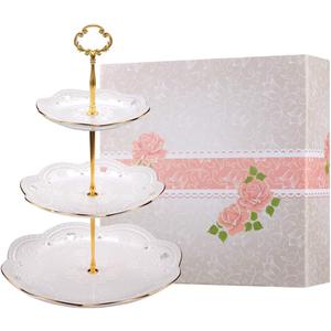 BonNoces 3-Tier Porcelain Embossed Cupcake Stand - Pure White Rimmed with Gold Dessert Cake Stand - Pastry Serving Tray Platter for Tea Party, Wedding and Birthday