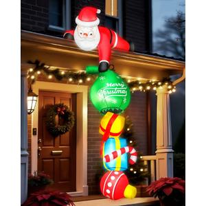 8FT Hanging Christmas Inflatable Outdoor Decoration Climbing Santa Pulling Gift Box Bag Funny Christmas Blow Up Yard Decorations with Builtin LEDs for Roof Balcony Window Tree Xmas Decor