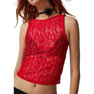 Women Sleeveless Sheer Lace Mesh Crop Top Sexy See Through Ruched Tank Shirt Y2k Floral Lace Tops, Color: D 77 Red, M