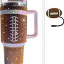 40 OZ Bling Tumbler with Handle and Straw,Football Stainless Steel Water Bottle,Large Rhinestone Tumbler for Women Girls with Cute Straw Covers Cap (Brown)