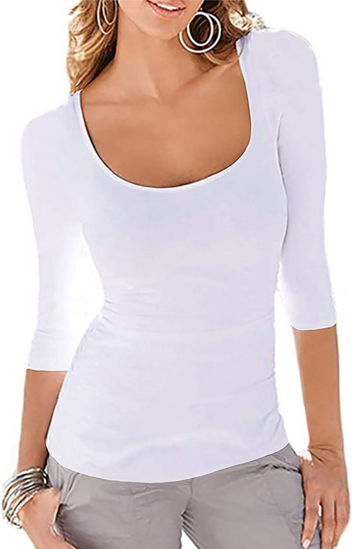 Women's 3/4 Sleeve Tops Square Neck Soft Stretch Slim Fit Tee Shirts (X-Large, White)