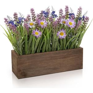 Artificial Lavender Flowers Arrangement in Rectangular Wood Planter Box, 10.6" Fake Potted Lavender Flowers with Daisies, Faux Lavender Plant for Centerpieces, Window Sill, Shelf, Home & Office Decor