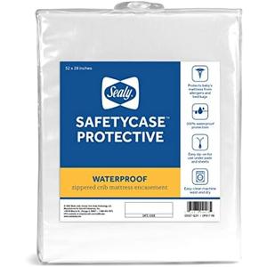 Sealy Baby SafetyCase Breathable Waterproof Crib Mattress Protector Pad, Toddler Bed Cover, Zippered Bedding Encasement, Noiseless, Machine Washable / Dryer Friendly, 52x28” - White
