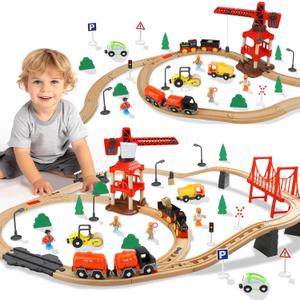 TOY Life Train Set 81pcs with Crane & Locomotive Train Toy, Wooden Train Tracks Toys for Toddlers Boys Girls 3 4 5, Wood Toys Gift Toddler Train for Kids 4-8 - Fits Thomas Brio Chuggington