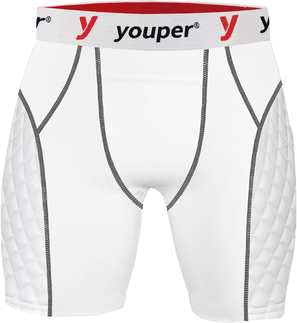 Youper Adult Elite Compression Padded Sliding Shorts w/Cup Pocket for Baseball, Football (X-Large, White Grey Red)