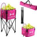 Foldable Adjustable Tennis Ball Hopper, Large Capacity Basket Holds 200 Balls, Upgraded Pickleball Caddy with Multifunction Pockets and Wheels for Training and Teaching
