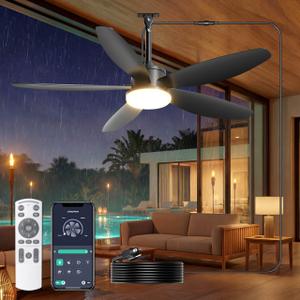 Phylluz Outdoor Ceiling Fan with Lights, 42 Inch Plug in Gazebo Fans with Remote APP Control, Quiet DC Motor, Dimmable 3CCT, Waterproof Hanging Fans for Patios, Porch, Black