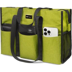 TOPDesign Utility Water Resistant Tote Bag with 13 Pockets, Top Zipper Closure & Thick Bottom Support, for Working Women (Medium, Light Green)