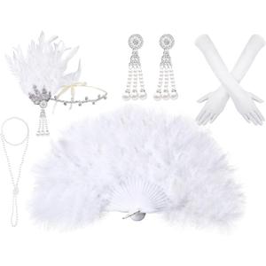 1920s Flapper Costume Accessories Set for Women 20s Headpiece Earrings Gloves Holder Pearl Necklace and Feather Fan (Elegant Style) Black, White