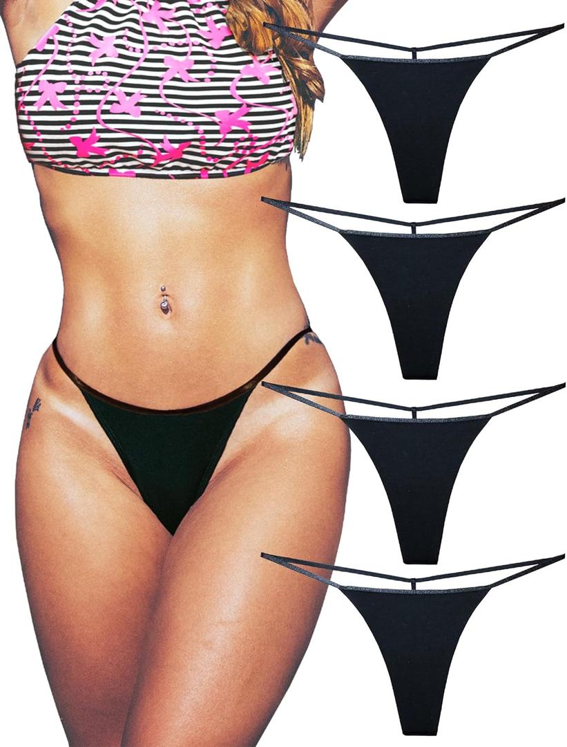Cotton G String Thongs for Women T Back Gstring Underwear Seamless Panties Tangas Sexy 4 Pack Set (Black), S