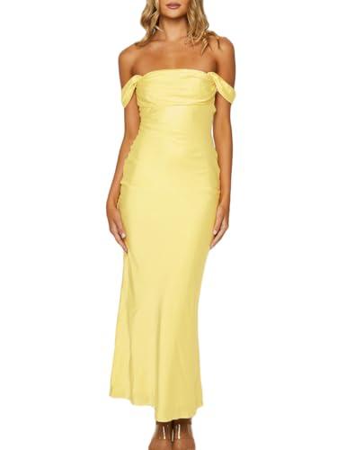 Realtix Elegant Satin Off The Shoulder Ruched Backless Maxi Dress for Women Strapless Tube Sleeveless Fitted Bridesmaid Dresses Yellow, M
