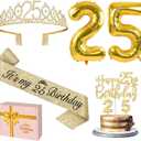 25th Birthday Decorations for Women Gold with 25th Birthday Sash and Crown, Cake Topper and Candles, Number Balloons, 25 Year Old Gifts for Women