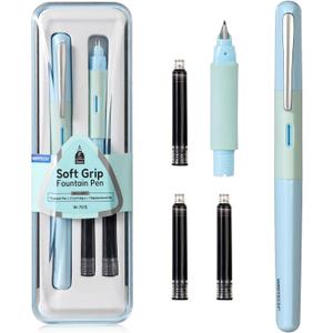 WRITECH Soft Grip Fountain Pen: Black Ink Fine Nib Pen with 1 Replacement Nib Set and 3 Ink Cartridges Smooth Writing for Calligraphy Journaling Gift (Blue)