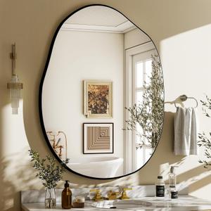 HARRITPURE Irregular Wall Mirror 26"x40" Black Asymmetrical Bathroom Mirror Wood Framed Modern Decorative Vanity Mirrors for Bedroom Living Room Entryway