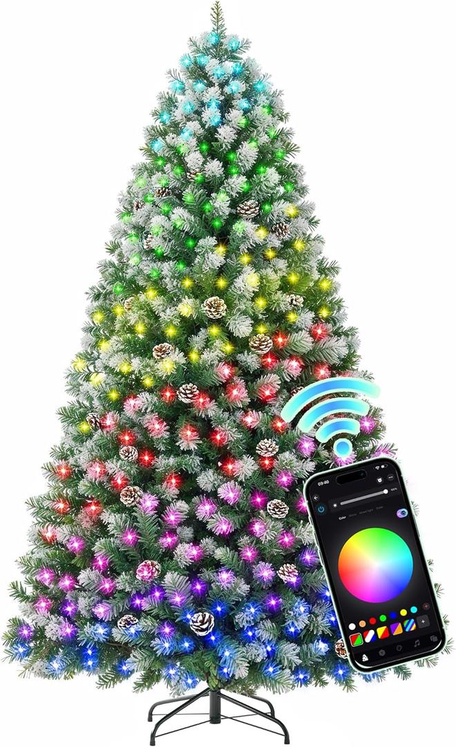 HOLLO STAR 7.5 ft Prelit Christmas Tree with 379 LED Lights, App Control, Artificial Christmas Tree, Multi-Color RGBW Lights, 1476 Flocked Frosted Tips, 86 Pine Cones, Metal Base, for Home, Party