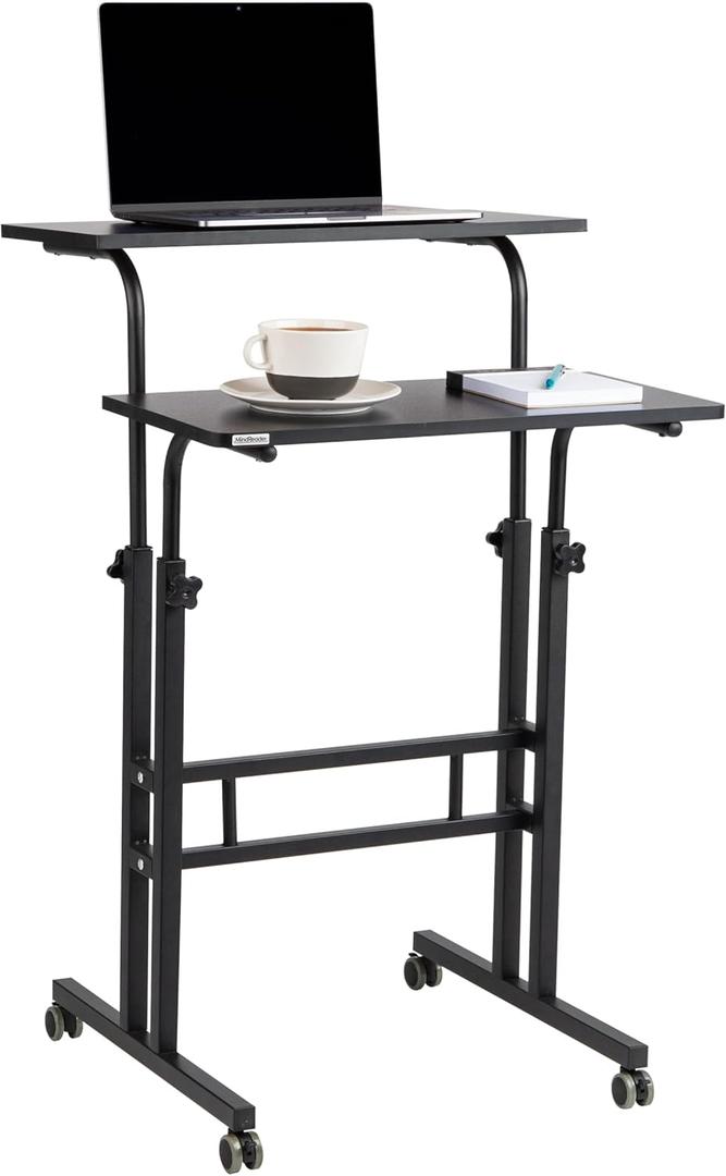 Mind Reader Standing Desk, Adjustable Height Laptop Workstation, Portable Rolling Desk on Wheels, Two-Tier Metal Frame, Black