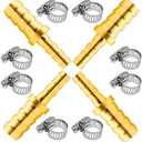 Beduan Brass Hose Barb Reducer, 3/4" to 1/2" Barb Hose ID, Reducing Barb Brabed Fitting Splicer Mender Union Air Water Fuel With 8 Hose Clamp(Pack of 4) (3/4-1/2 Add Clamp)