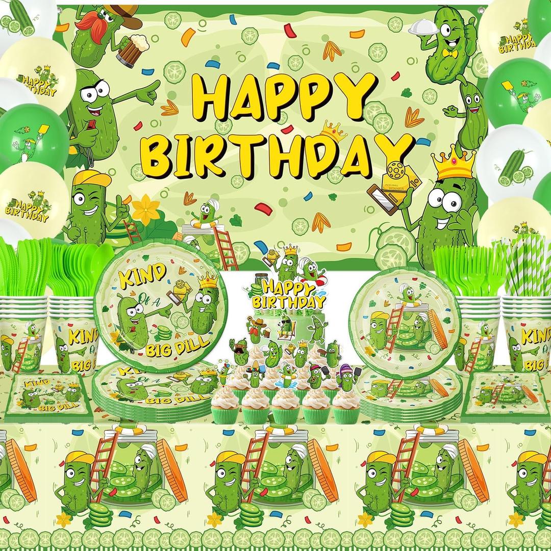 Pickle Birthday Decorations Pickle Party Decorations Include Happy Birthday Backdrop Plates Cups Napkins Cake Toppers Tablecloth Balloons Decor for Cucumber Party Supplies Serves 20