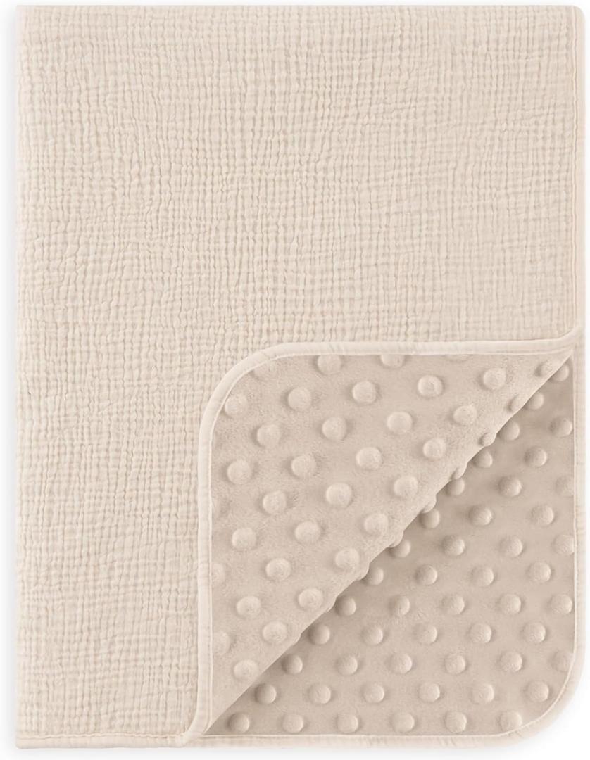Susurration Baby Blanket for Unisex Boys Girls, Soft Nursery Minky Blanket with Muslin Cotton Front and Dotted Fleece Back, Receiving Blanket for Baby Newborn Infant, 30x40inch (Cream)