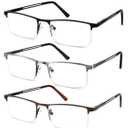 3 Pack Reading Glasses for Men Blue Light Blocking, Lightweight Metal Rectangle Semi Rimless Readers for Men, Anti Eyestrain/UV, Half Frame Spring Hinge Eyeglasses with Pouches, Magnification Strength: 1.25 x