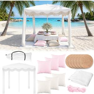 Hosuly 20 Pcs Boho Beach Cabana Picnic Set, Fringe Canopy, Pink